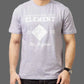 Person wearing a gray t-shirt with white text and logo on a plain background