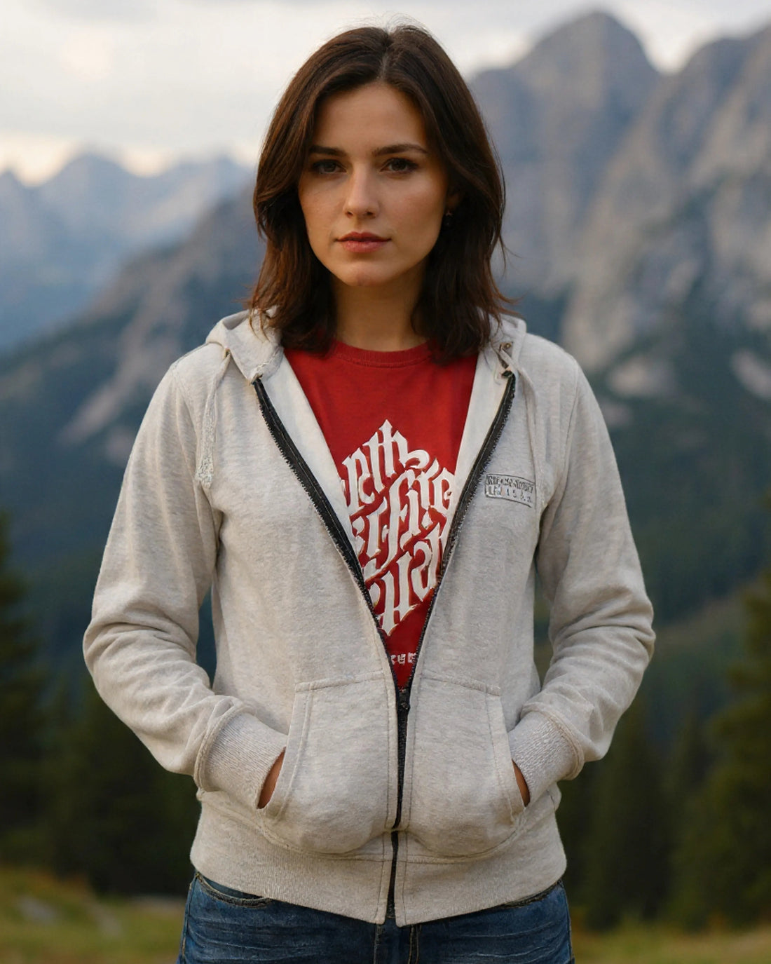 Woman wearing a gray hoodie over a red shirt with text, standing in front of mountains.
