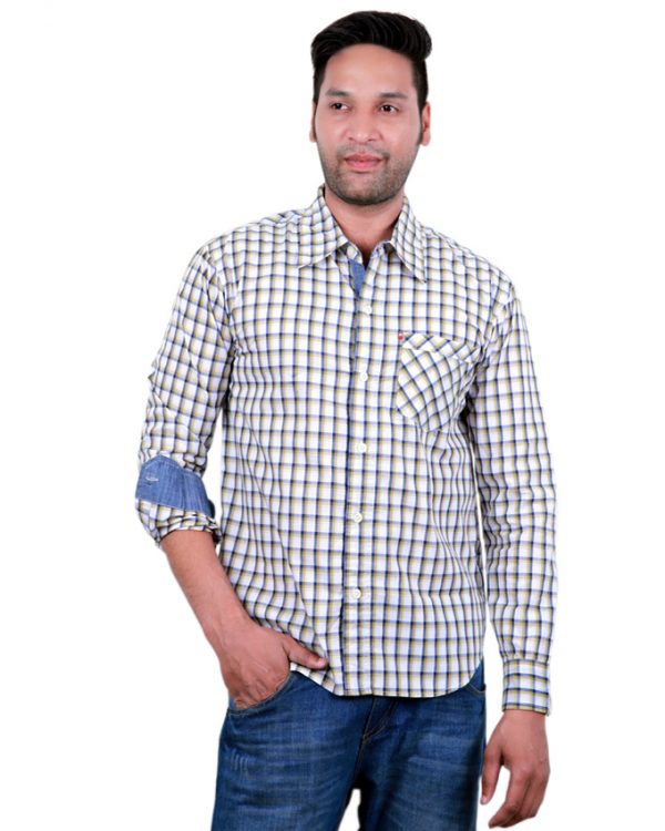 Men’s 100% Cotton Long Sleeve Off White Plaid Shirt