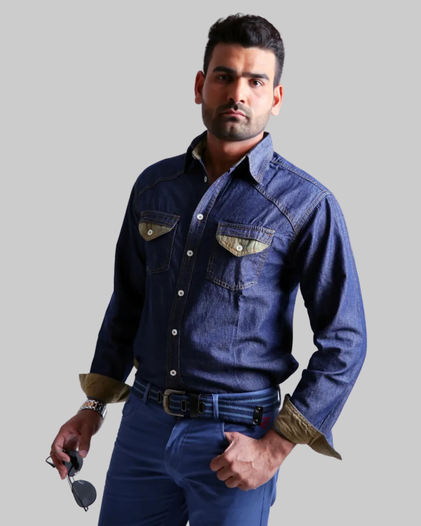 Men’s Denim Shirt with Sued Trim