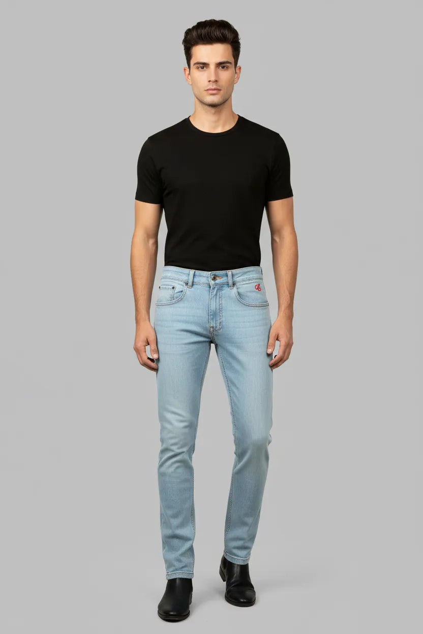 Light blue jeans on a gray background