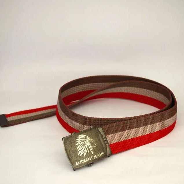 Charcoal, Gay & Red canvas belt with Indian Head metal buckle 
