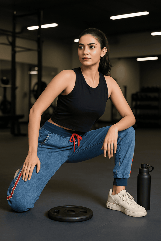 Indigo Knit Denim Casual Sweat Pants / Joggers with racing stripes