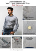 Men's long sleeve linen shirt with key features highlighted