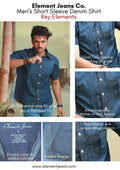 Collage of a men's short sleeve denim shirt with key features highlighted, including branding and design elements.