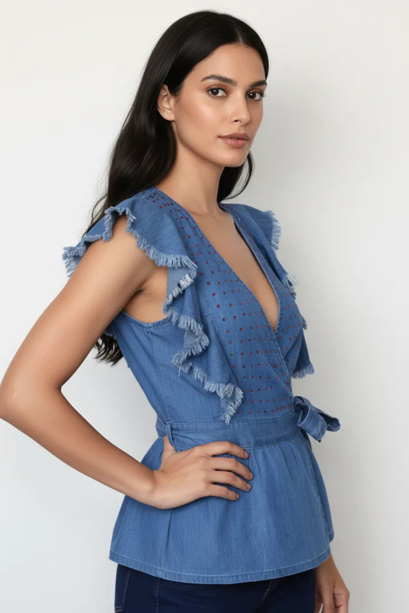 Kimono Style Front Open Belted Denim Top