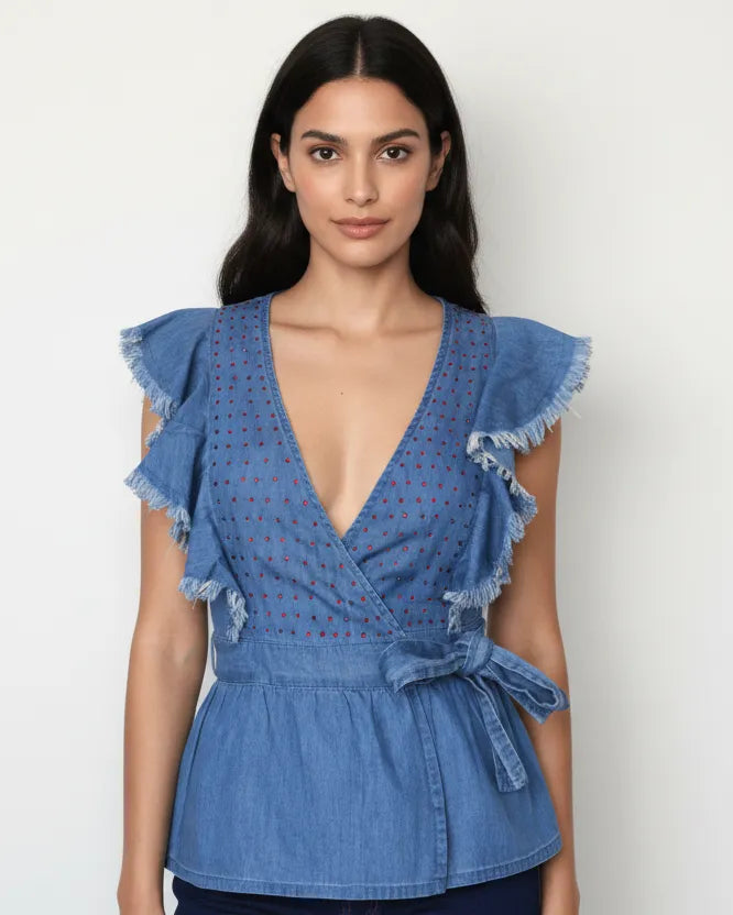 Kimono Style Front Open Belted Denim Top