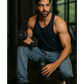 Muscular man holding a dumbbell and water bottle in a gym setting