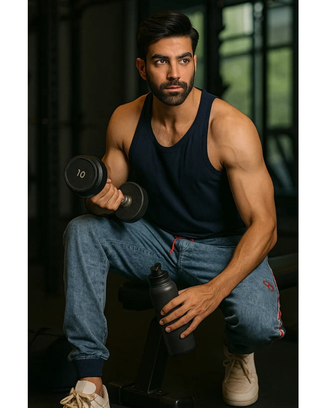 Muscular man holding a dumbbell and water bottle in a gym setting