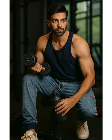 Muscular man holding a dumbbell and water bottle in a gym setting