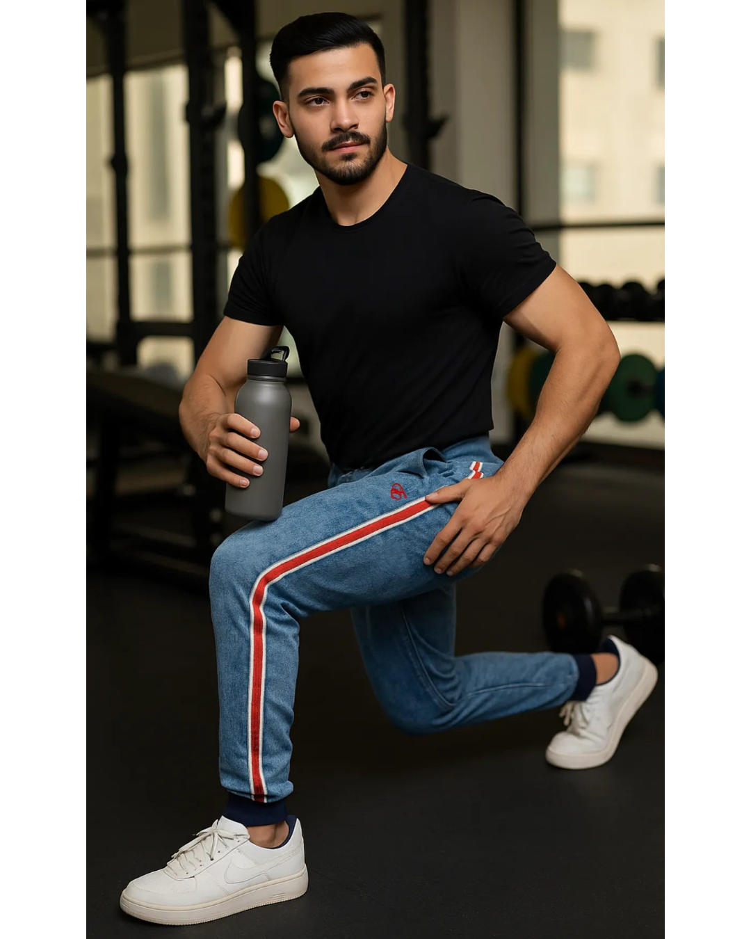 Muscular man holding a dumbbell and water bottle in a gym setting