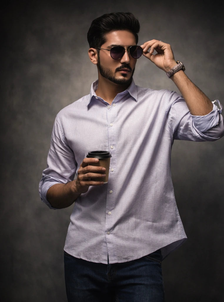 Man wearing sunglasses and holding a coffee cup against a dark background
