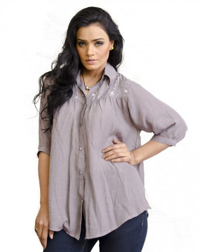 Grey Colour Linen Shirt with Crystal embellishment