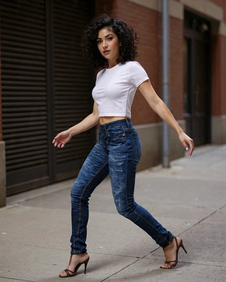 Woman wearing a white crop top and power stretch Element jeans standing on a sidewalk.