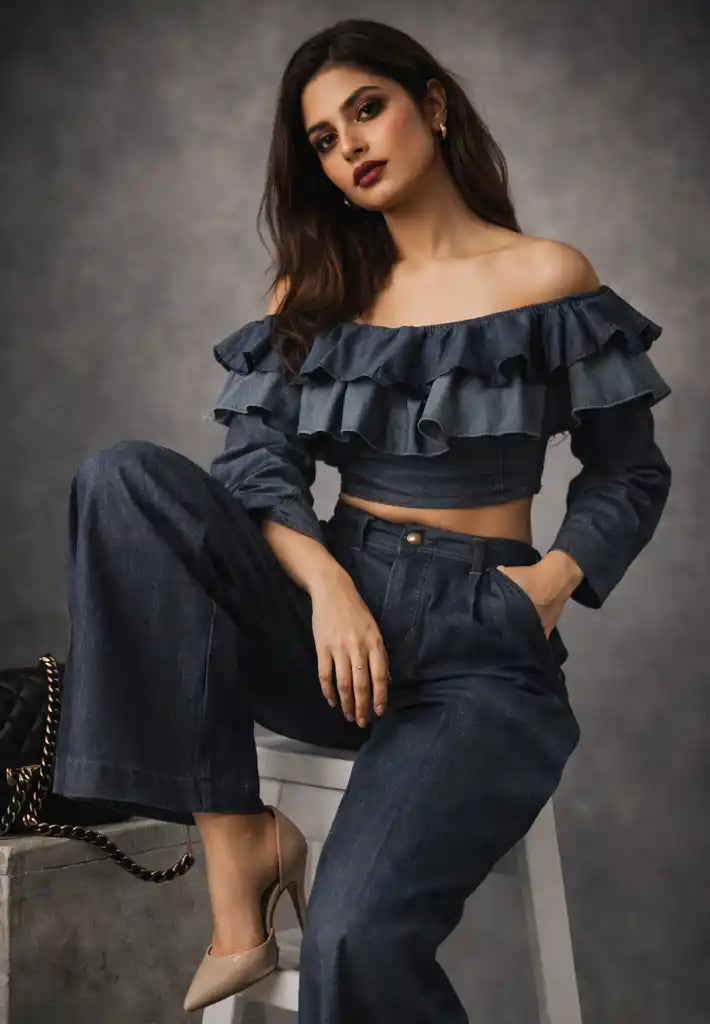 Woman wearing a dark denim off-shoulder top and jeans against a gray background
