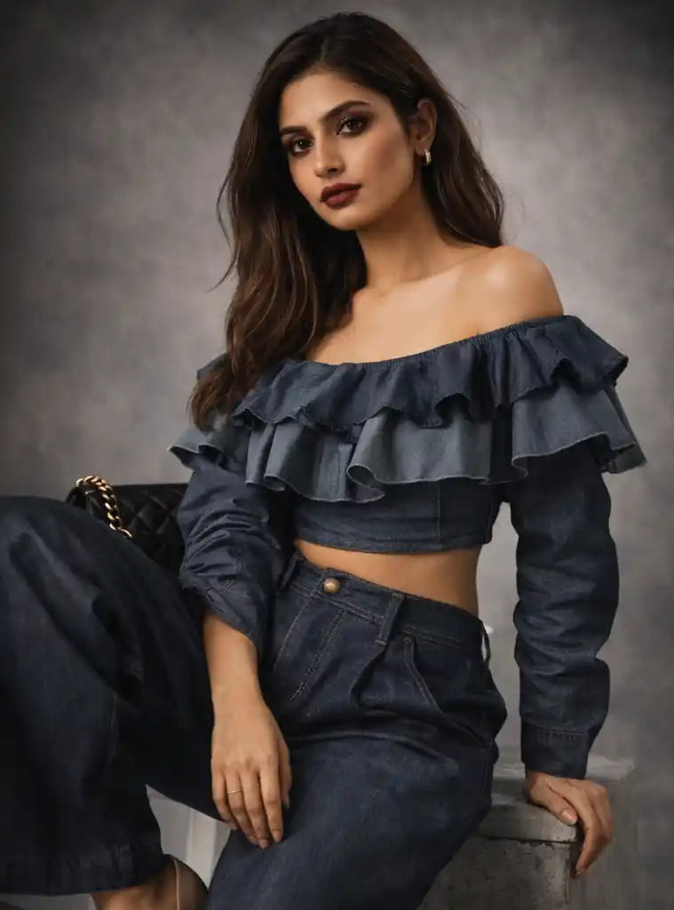 Woman wearing a dark denim off-shoulder top and jeans against a gray background