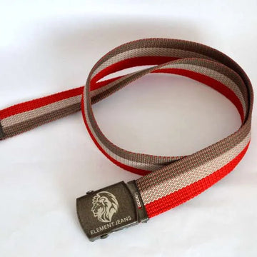 Red and brown belt with a visible brand logo on a white background