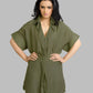 Loose fit short sleeve linen shirt with ruffle front.