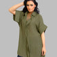 Loose fit short sleeve linen shirt with ruffle front.