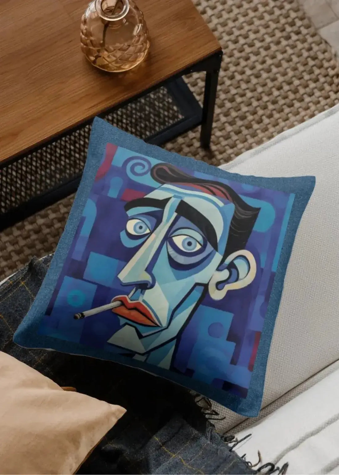 Decorative pillow with a stylized face design on a couch