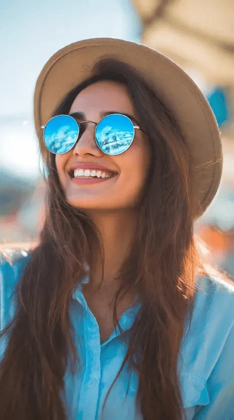 Round Frame Sunglasses With Blue Reflective Lens