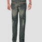 Person wearing dark green distressed jeans on a white background