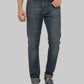 Person wearing blue jeans on a gray background
