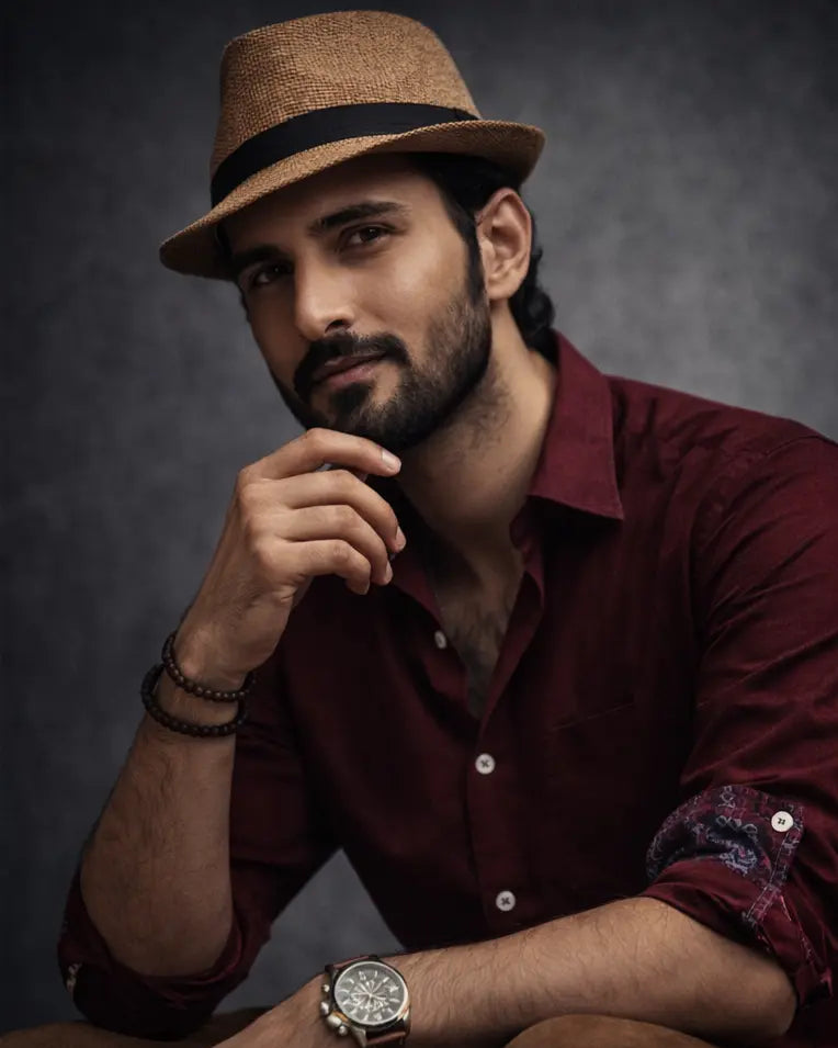 Man wearing a maroon shirt and brown hat against a dark background