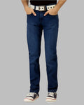 Person wearing blue jeans with a belt on a gray background
