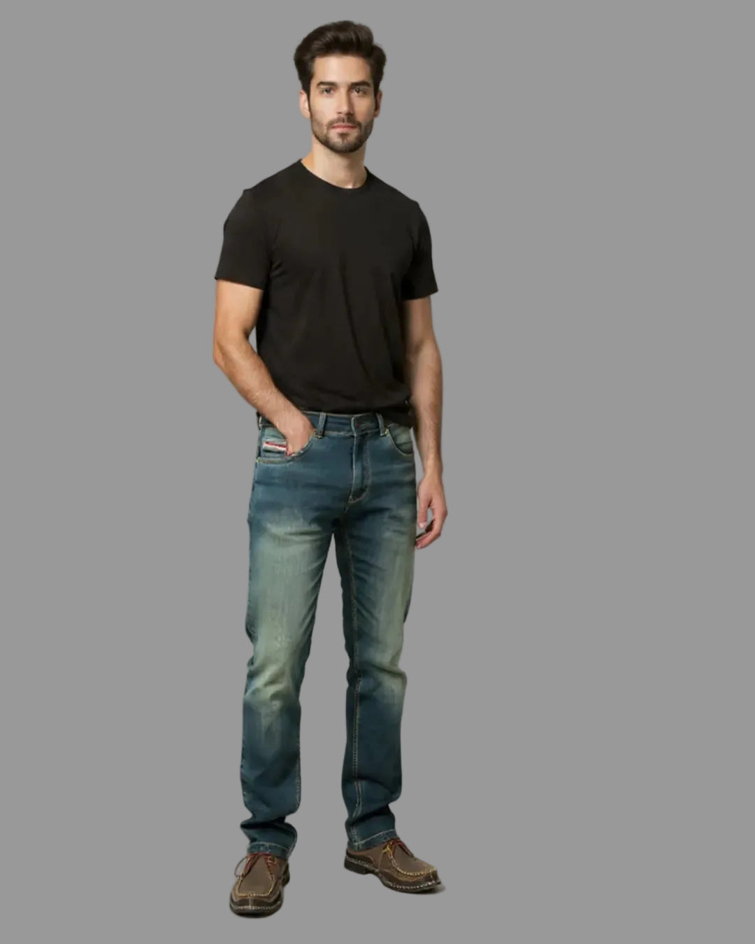 Man wearing a black t-shirt and blue jeans against a gray background