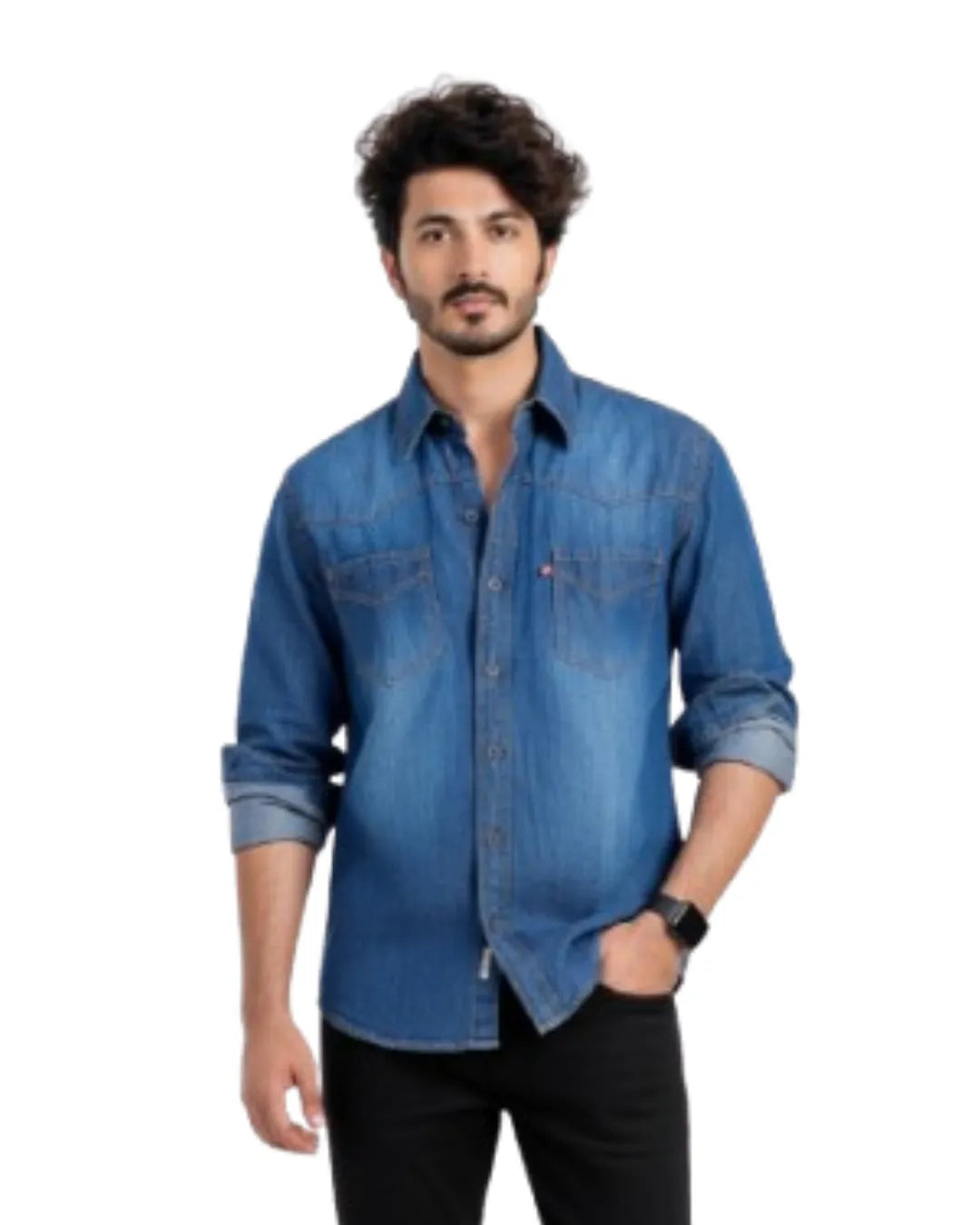 Man wearing a blue denim shirt on a white background