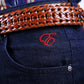 Denim jeans with red embroidered logo and embossed Rivet.