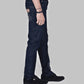 Person wearing dark blue jeans on a gray background