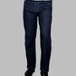 Dark blue jeans worn by a person on a gray background