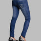 Blue jeans with a brand logo on a gray background