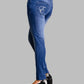 Blue jeans with a brand logo on the pocket against a gray background
