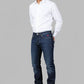 Man wearing a white shirt and blue jeans on a gray background