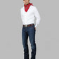 Man wearing a white shirt, blue jeans, and a red bandana on a gray background