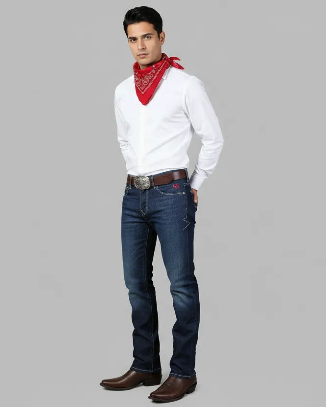 Man wearing a white shirt, blue jeans, and a red bandana on a gray background