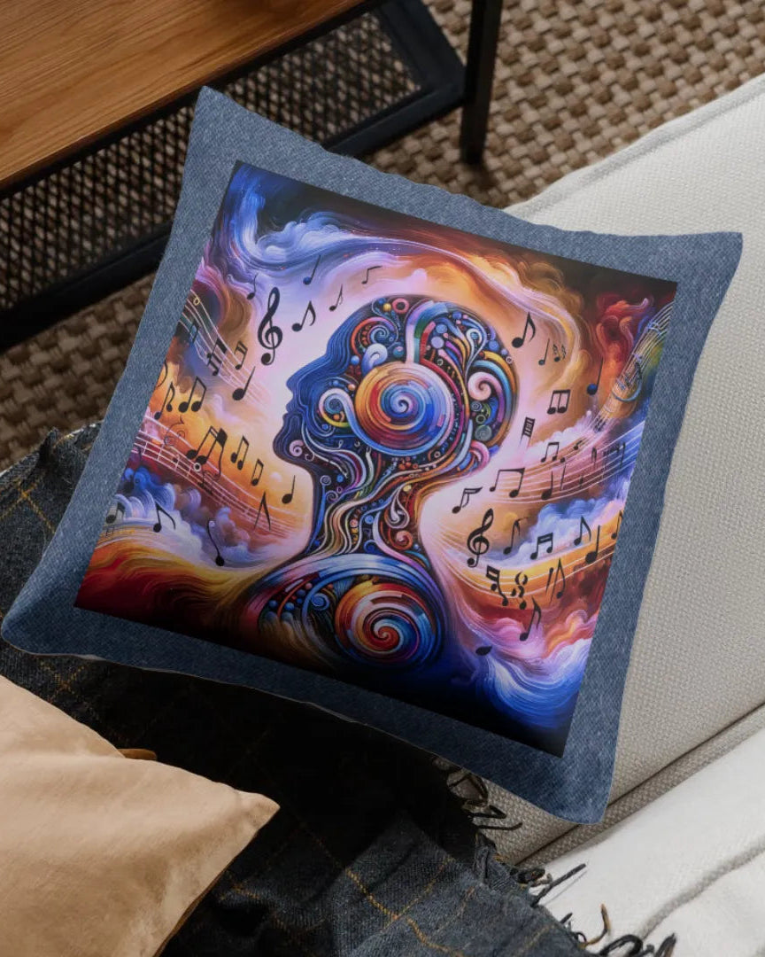 Decorative pillow with musical design on a couch