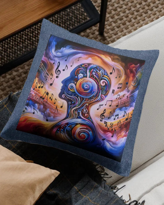 Decorative pillow with musical design on a couch