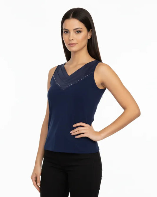 Navy Blue Wide V-Neck Top