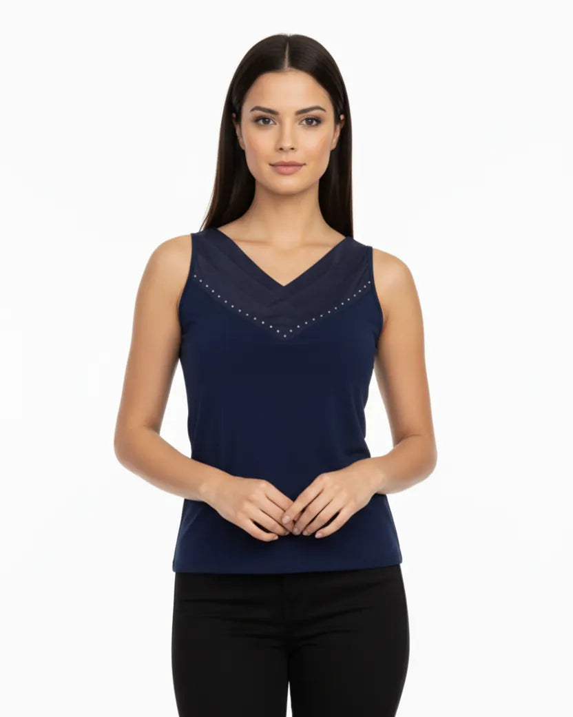 Navy Blue Wide V-Neck Top