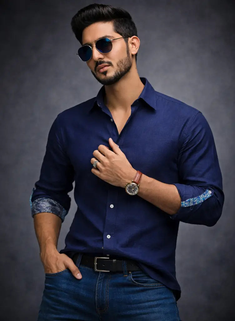 Man wearing a navy blue shirt with rolled-up sleeves against a dark background