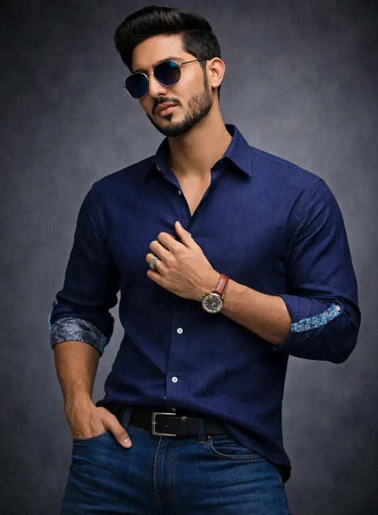 Man wearing a navy blue shirt with rolled-up sleeves against a dark background