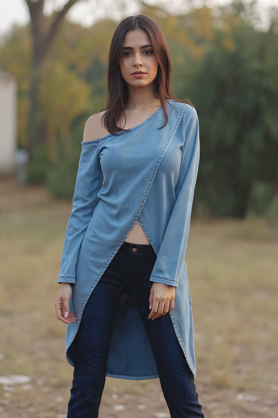 Woman wearing a long light blue cardigan over a black top and jeans outdoors.