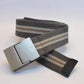 Gray and beige striped belt with a silver buckle on a white background