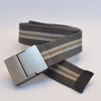 Gray and beige striped belt with a silver buckle on a white background