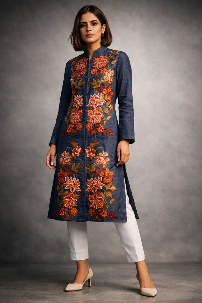 One_of_a_kind_Front_open_mandrin_Collar_Denim_Fusion_dress_with_Floral_embroidery