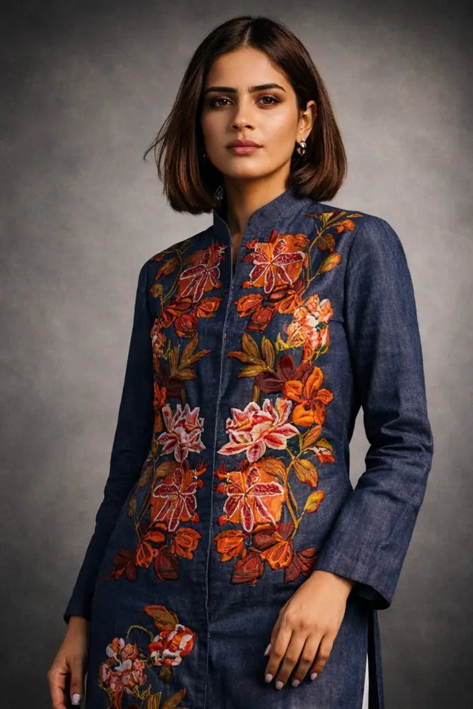 One_of_a_kind_Front_open_mandrin_Collar_Denim_Fusion_dress_with_Floral_embroidery